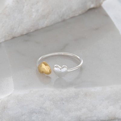 Adjustable Ring with Double Hearts in Silver and Gold