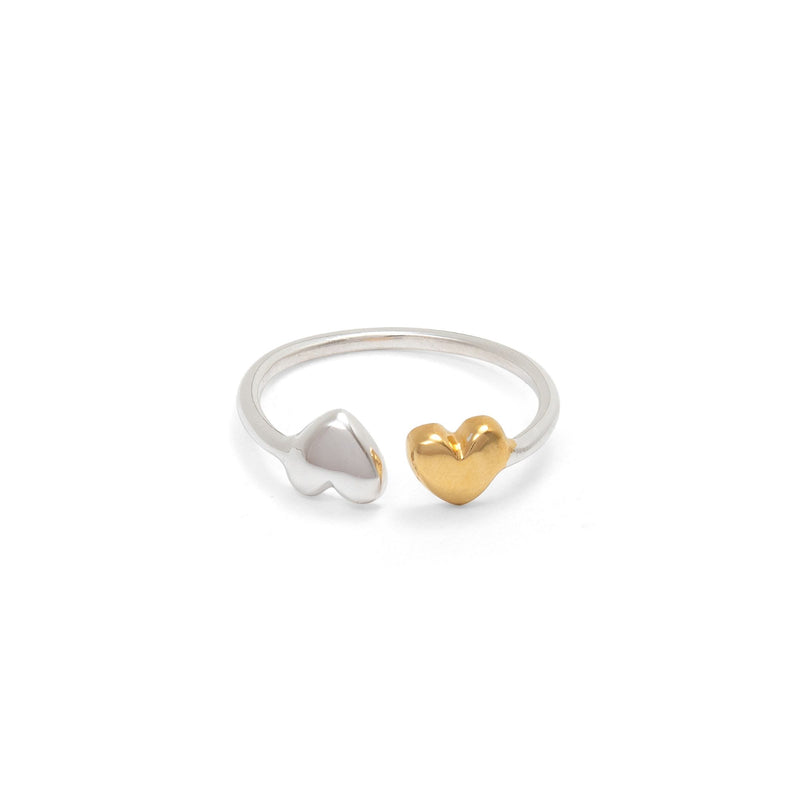 Adjustable Ring with Double Hearts in Silver and Gold