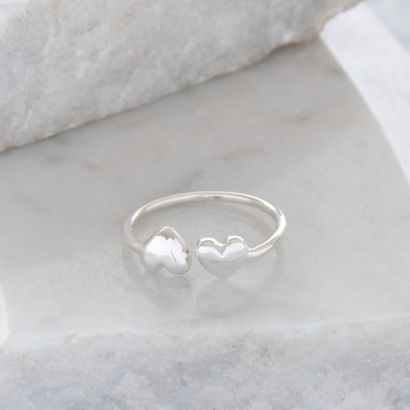 Adjustable Ring with Double Hearts in Sterling Silver