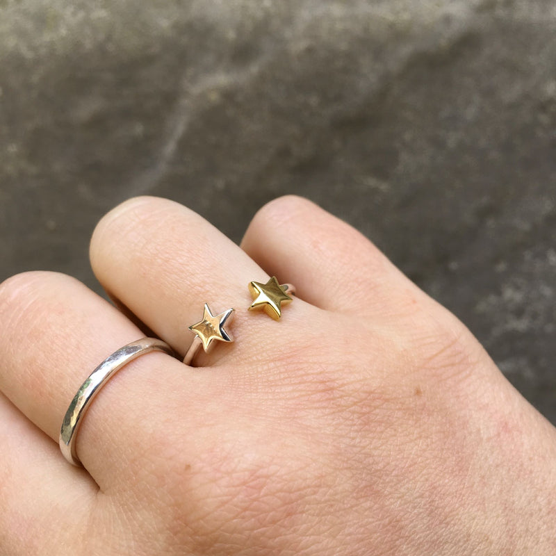 Adjustable Ring with Double Stars in Gold Vermeil & Sterling Silver