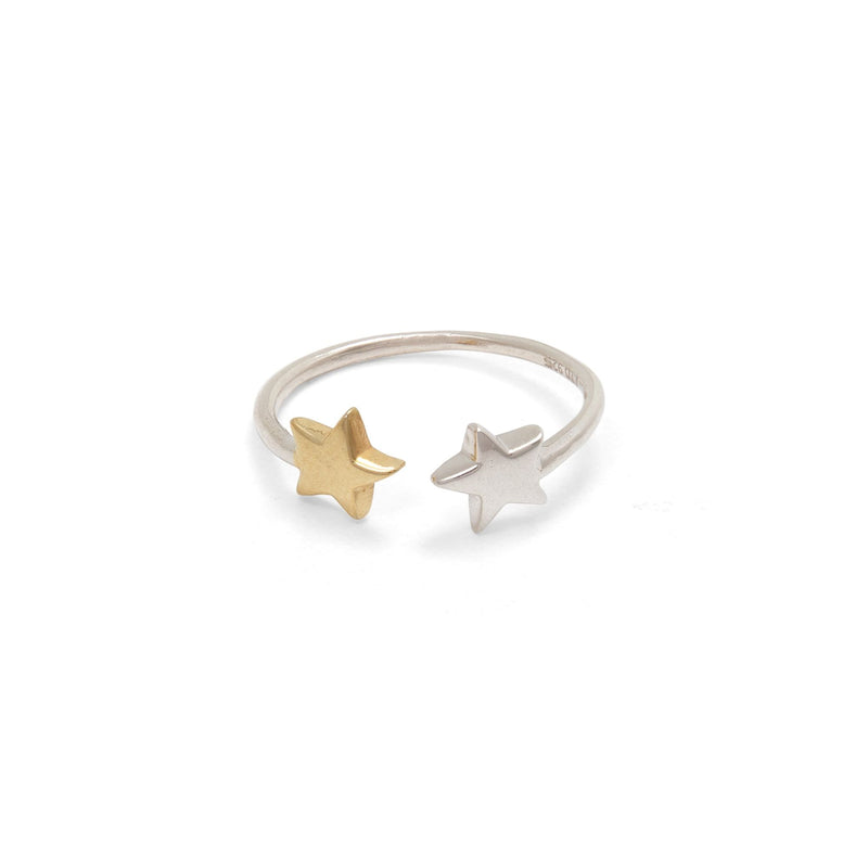 Adjustable Ring with Double Stars in Gold Vermeil & Sterling Silver