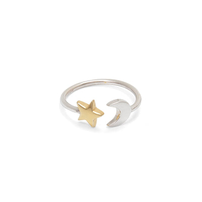 Adjustable Ring with Moon and Star in Gold Vermeil & Sterling Silver