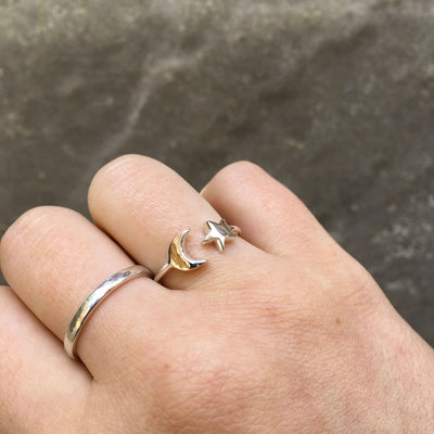 Adjustable Ring with Moon and Star in Sterling Silver