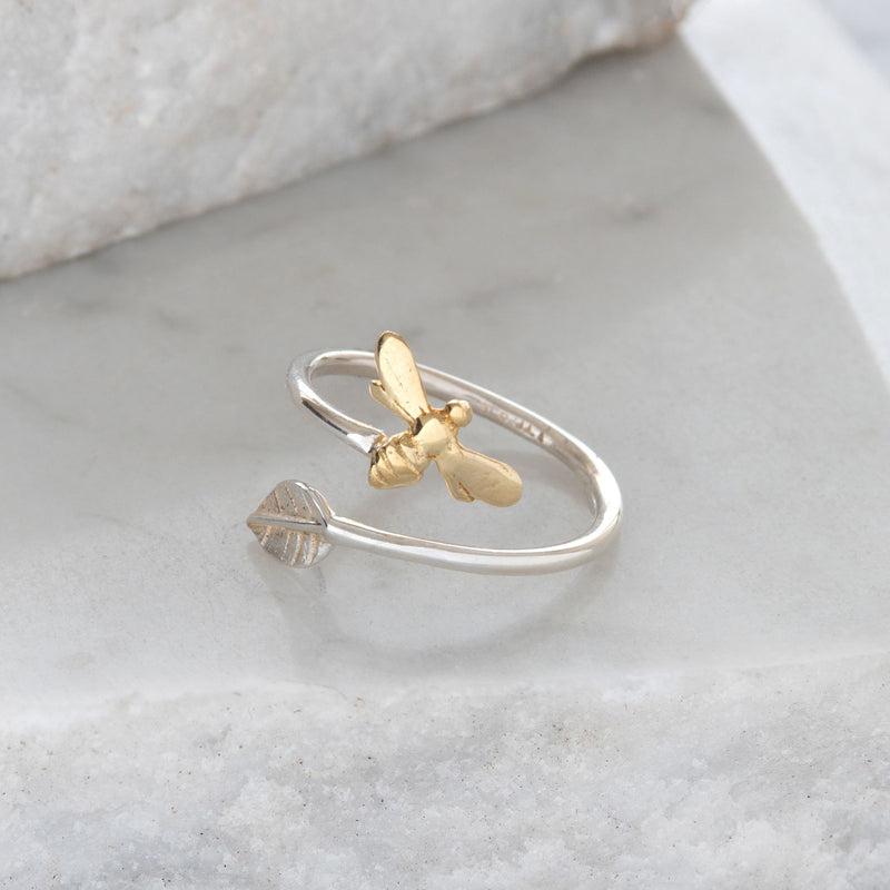 Adjustable Ring with Leaf and Bee in Gold Vermeil & Sterling Silver