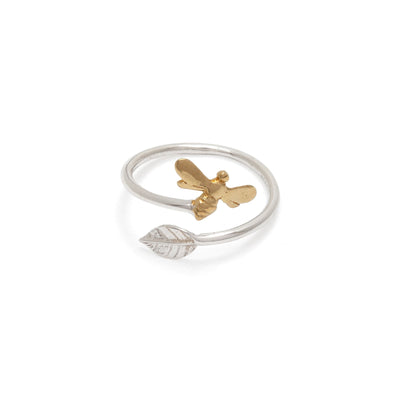 Adjustable Ring with Leaf and Bee in Gold Vermeil & Sterling Silver