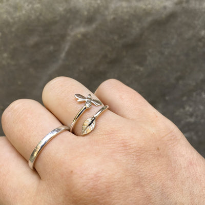 Adjustable Ring with Leaf and Bee in Sterling Silver