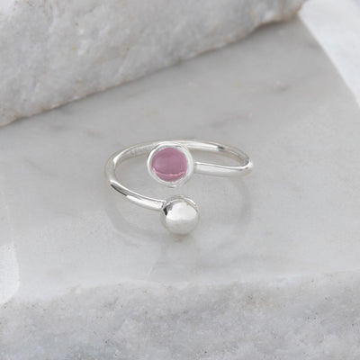 Adjustable Birthstone Ring October: Pink & Silver