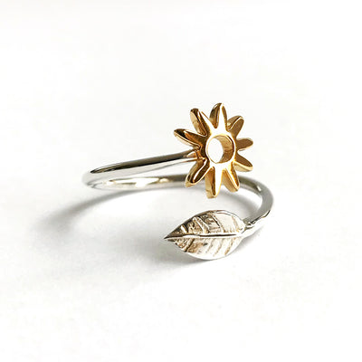 Adjustable Ring with Flower and Leaf in Gold Vermeil & Sterling Silver