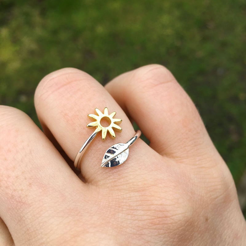 Adjustable Ring with Flower and Leaf in Gold Vermeil & Sterling Silver