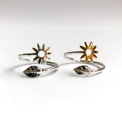 Adjustable Ring with Flower and Leaf in Sterling Silver