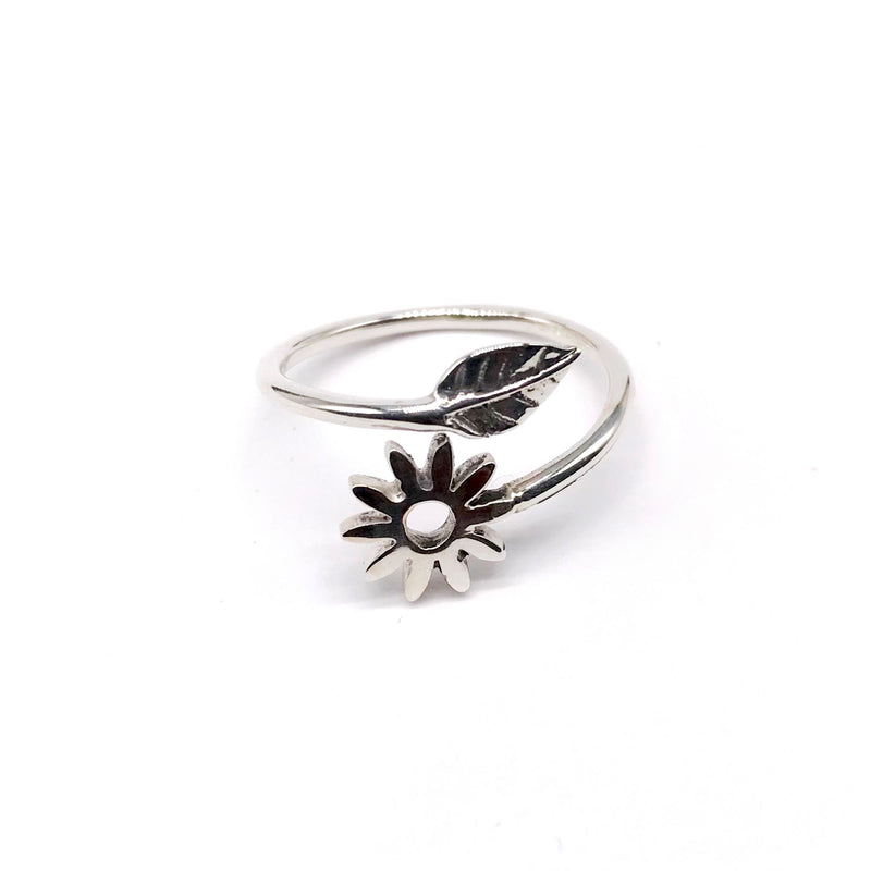 Adjustable Ring with Flower and Leaf in Sterling Silver
