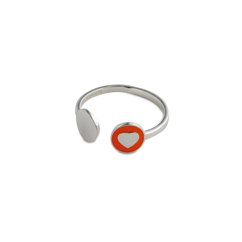 Adjustable Orange Enamel Heart Medallion Ring Sterling Silver