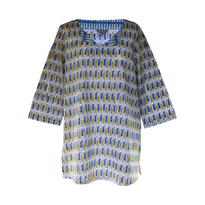 Block Print Tunic - Blue and Mustard Fish Fabric