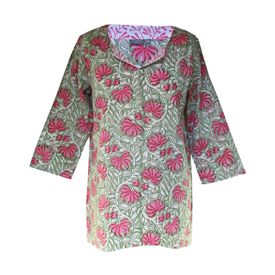 Block Print Tunic - Jaipur Green and Pink Fabric
