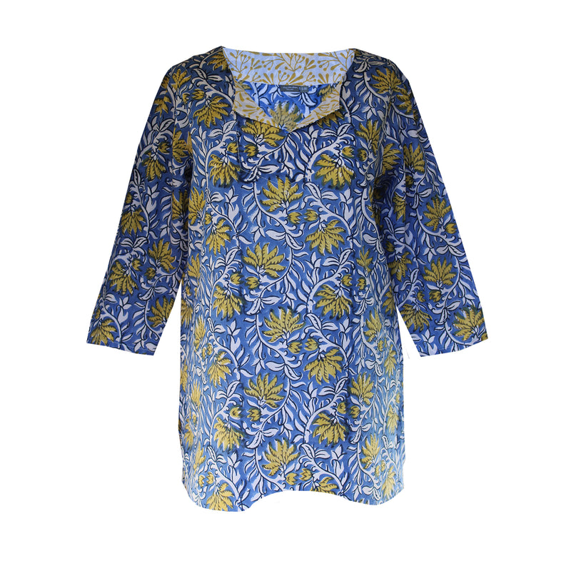 Block Print Tunic - Jaipur Blue and Yellow Fabric