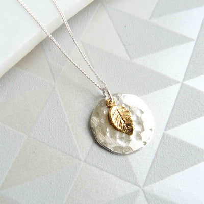 Hammered Silver Disc and Gold Leaf Necklace