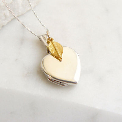Silver Heart Locket with Gold Leaf Charm