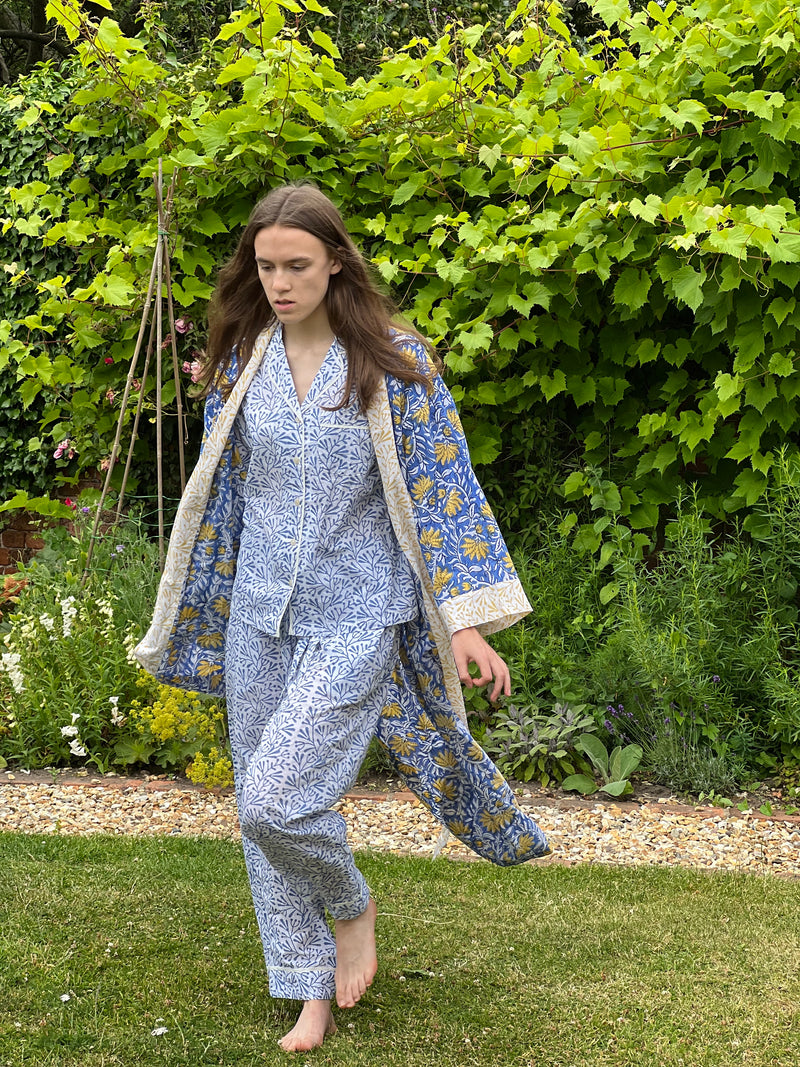 Long Kimono - Jaipur Blue and Yellow Fabric
