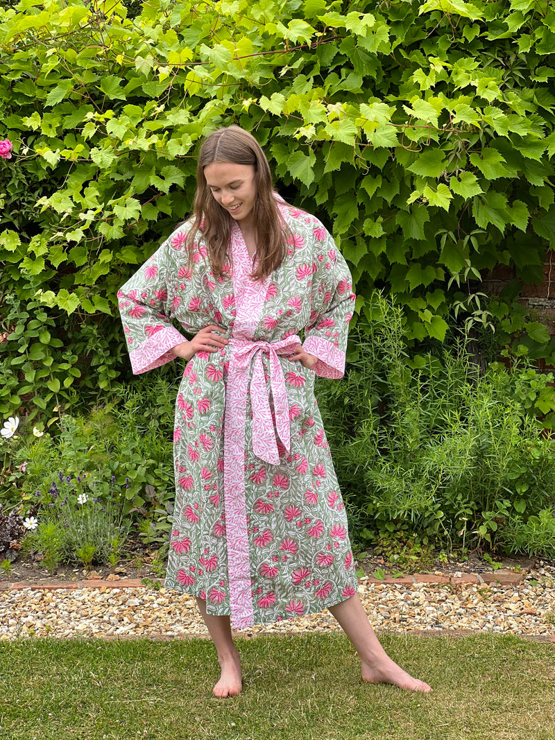 Long Kimono - Jaipur Green and Pink Fabric