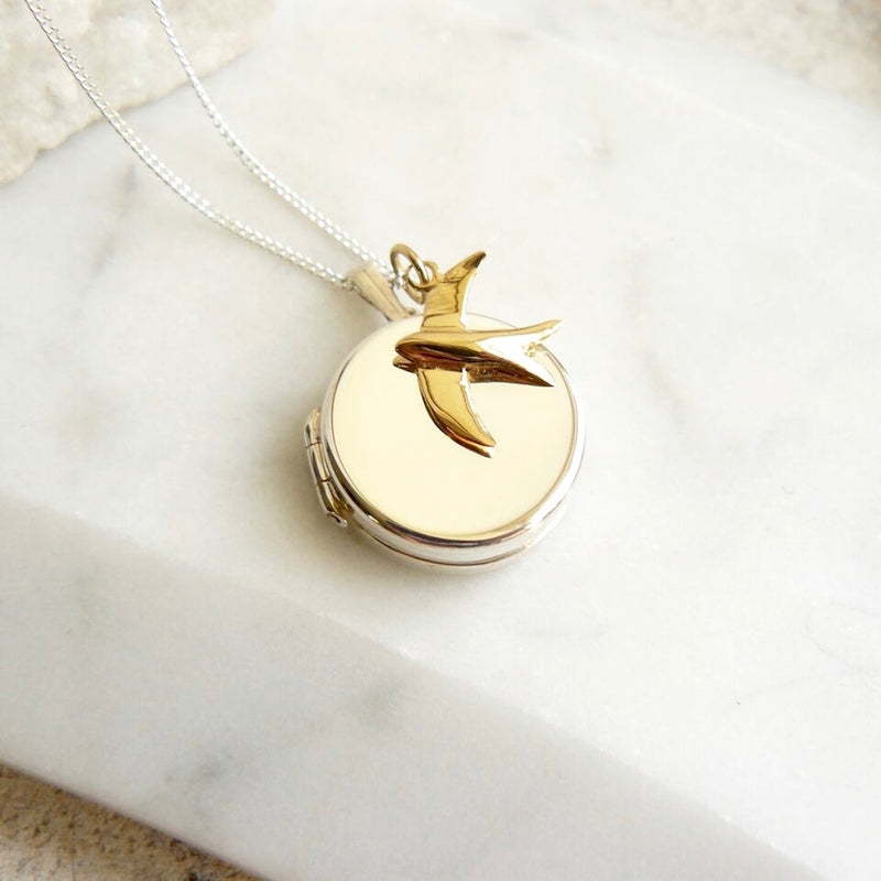 Round Drum Silver Locket With Gold Swallow Charm